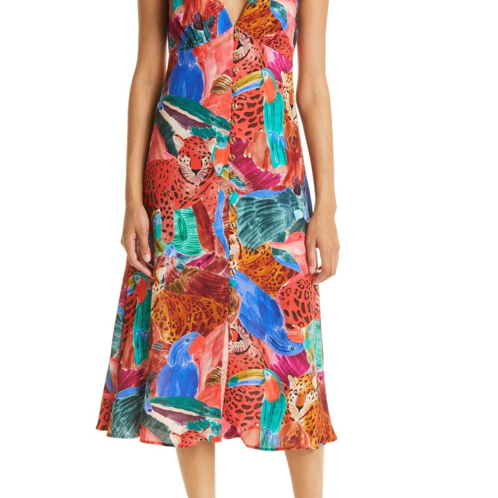 FARM Rio Animal Collage Midi V Neck Dress Size Medium